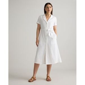 Quince White Short-Sleeve Button-Front Midi Shirt Dress